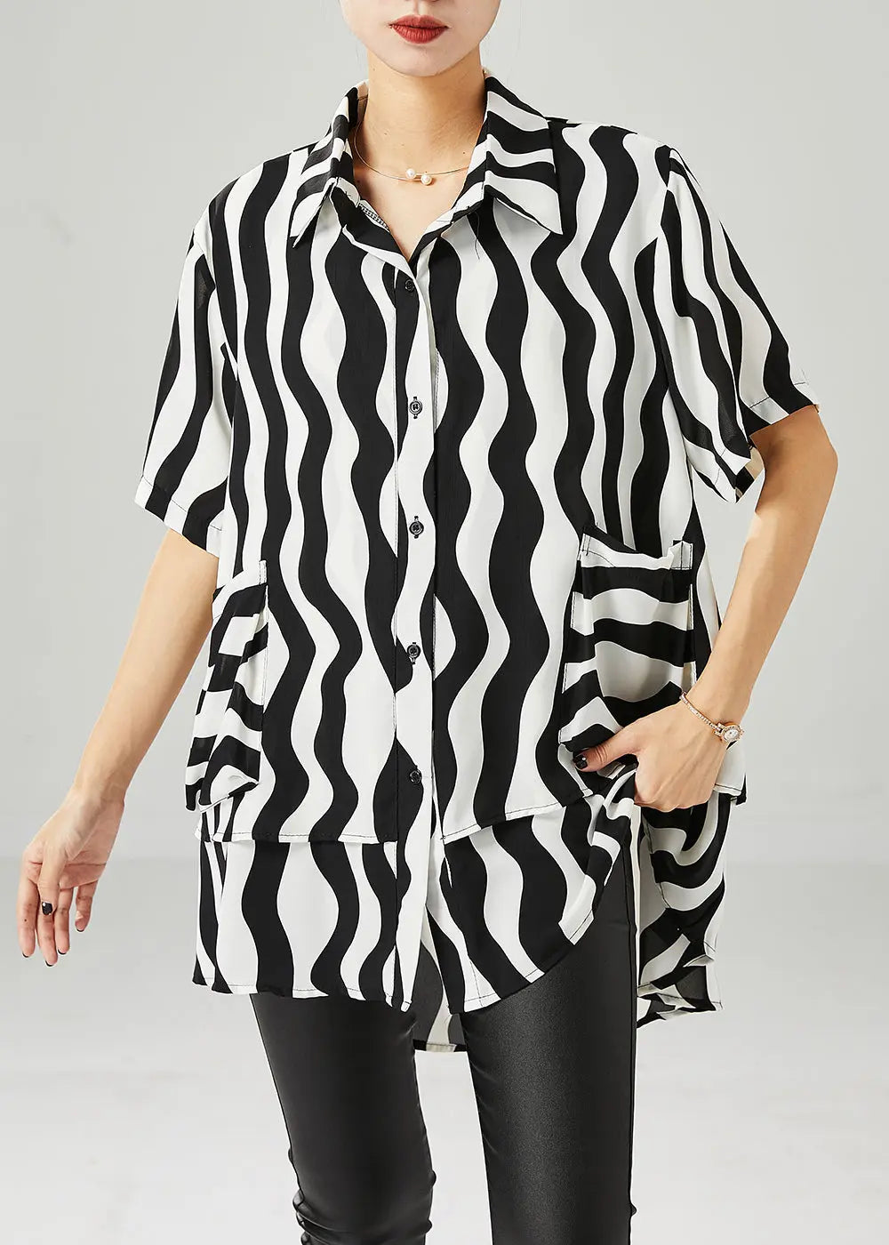 Black Wave Striped Spandex Shirts Oversized Summer Ada Fashion