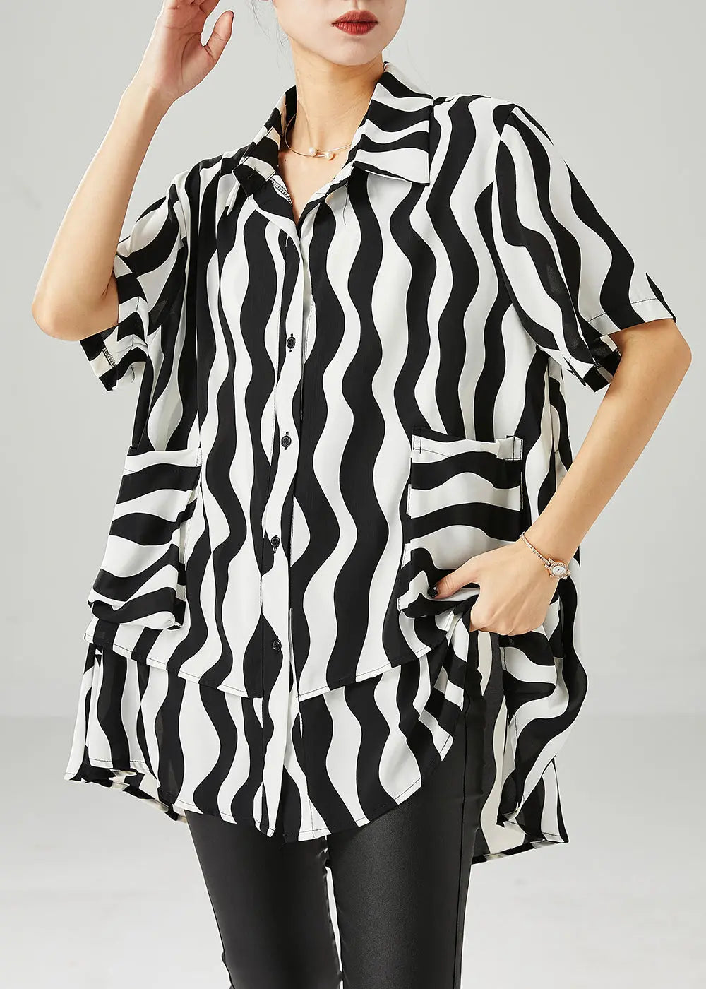 Black Wave Striped Spandex Shirts Oversized Summer Ada Fashion