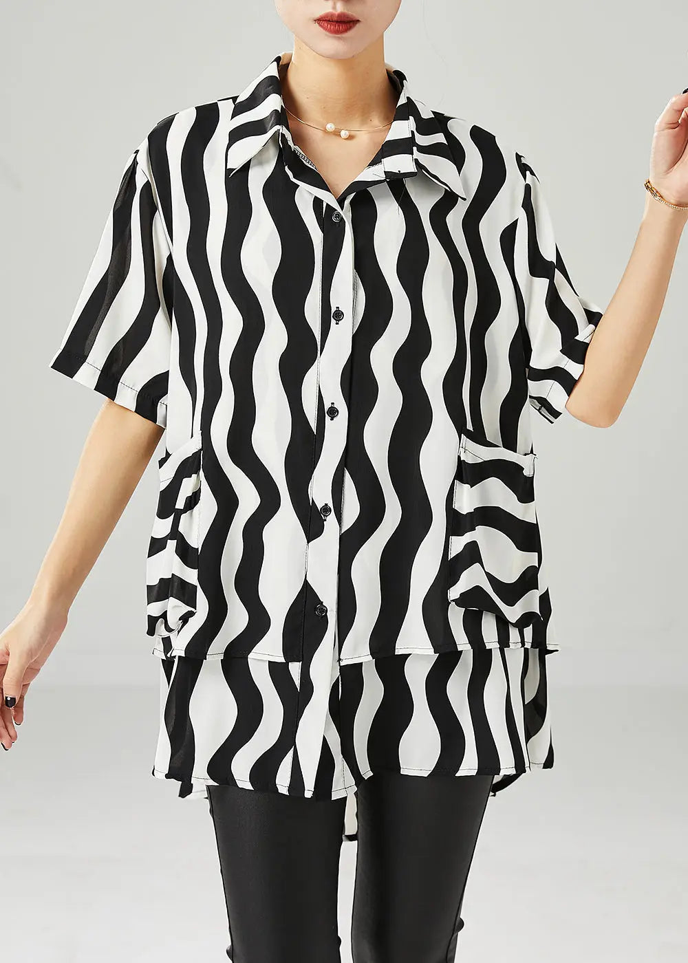 Black Wave Striped Spandex Shirts Oversized Summer Ada Fashion