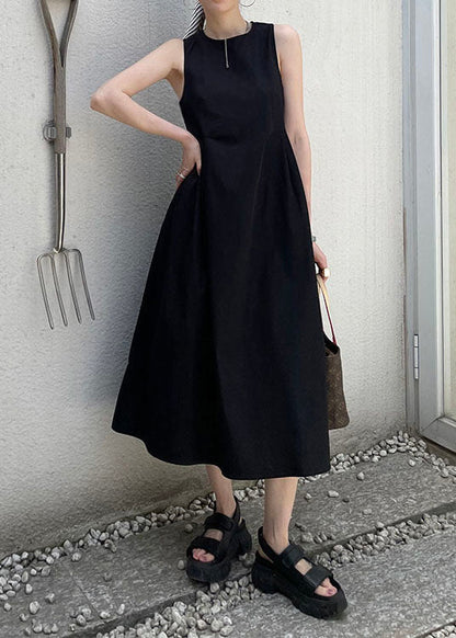 Black Wrinkled Patchwork Cotton A Line Dress O Neck Sleeveless LY2142 - fabuloryshop