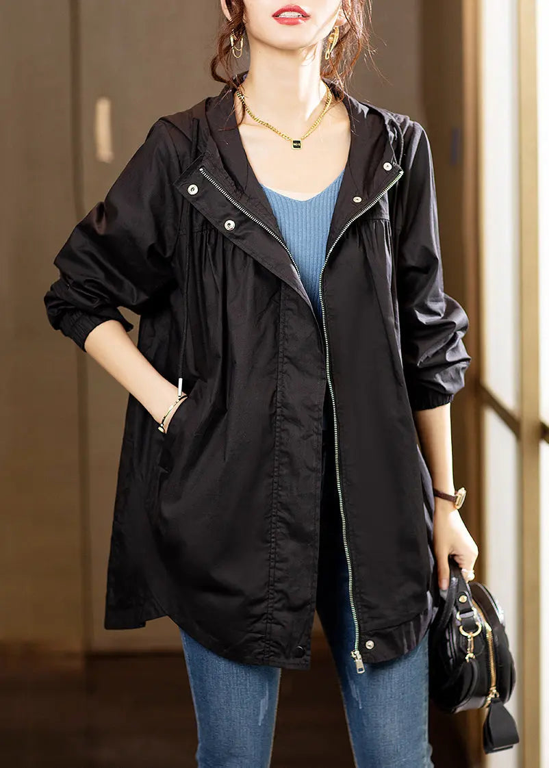 Black Wrinkled Patchwork Cotton Coats Zip Up Long Sleeve Ada Fashion