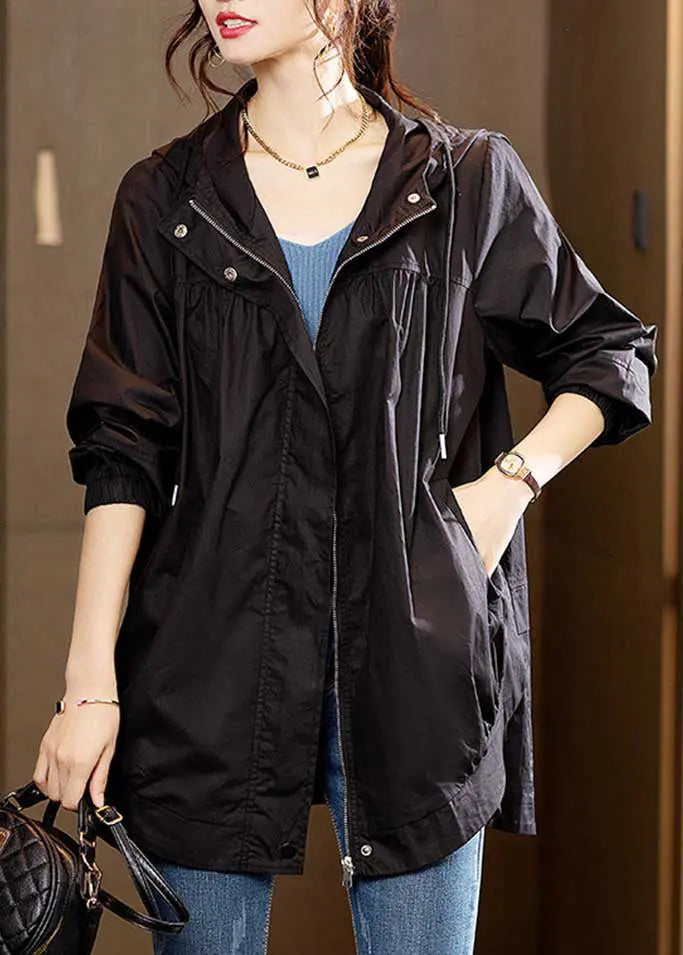 Black Wrinkled Patchwork Cotton Coats Zip Up Long Sleeve Ada Fashion