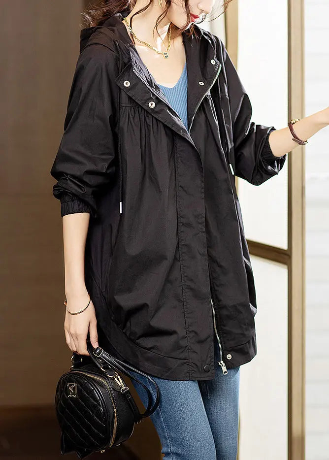 Black Wrinkled Patchwork Cotton Coats Zip Up Long Sleeve Ada Fashion