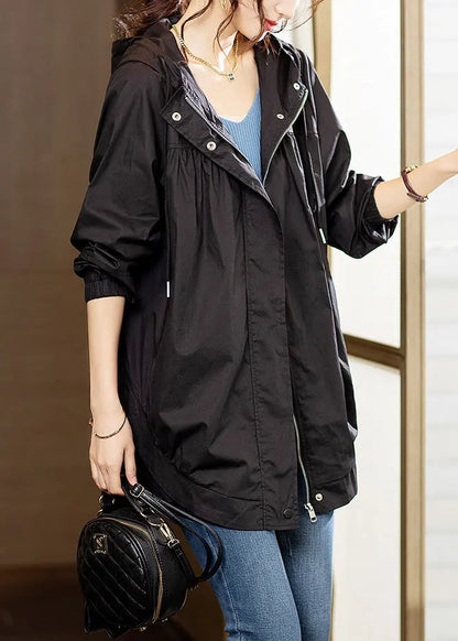 Black Wrinkled Patchwork Cotton Coats Zip Up Long Sleeve Ada Fashion