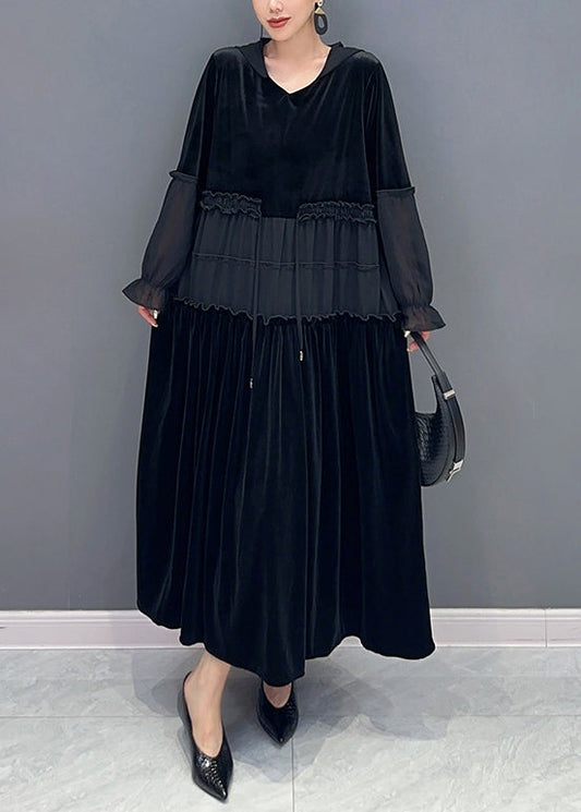 Black Wrinkled Patchwork Velour Long Dress Hooded Long Sleeve Ada Fashion