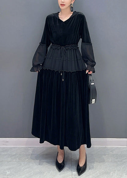 Black Wrinkled Patchwork Velour Long Dress Hooded Long Sleeve Ada Fashion