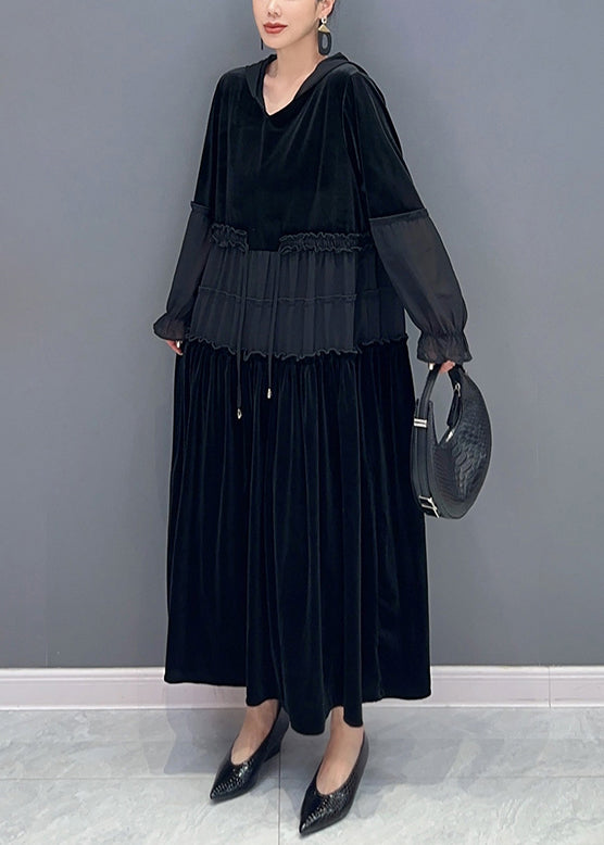 Black Wrinkled Patchwork Velour Long Dress Hooded Long Sleeve Ada Fashion