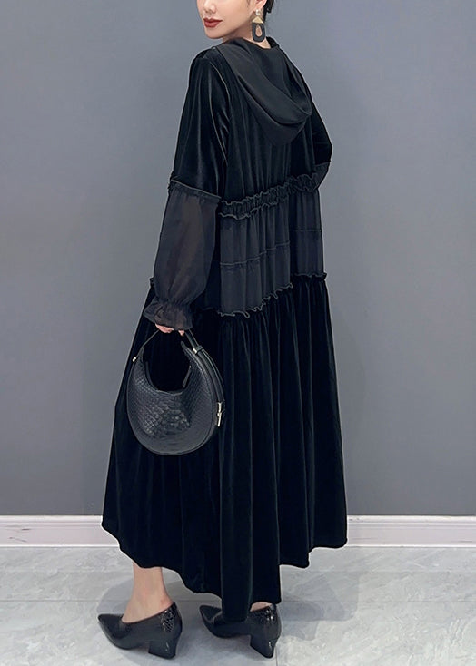 Black Wrinkled Patchwork Velour Long Dress Hooded Long Sleeve Ada Fashion