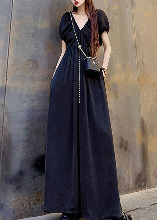 Black Wrinkled Pockets Patchwork Cotton Maxi Dresses V Neck Short Sleeve Ada Fashion