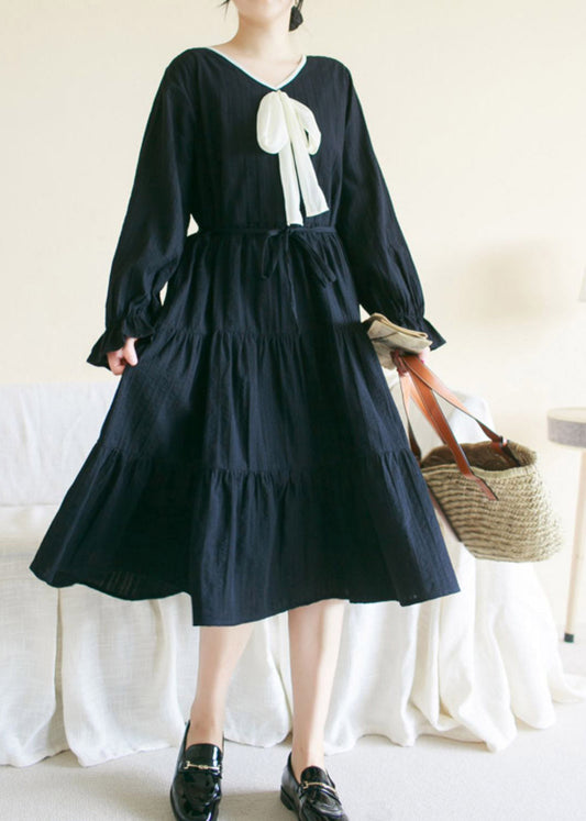 Black Wrinkled Solid Cotton Long Dress Long Sleeve TI1010 - fabuloryshop