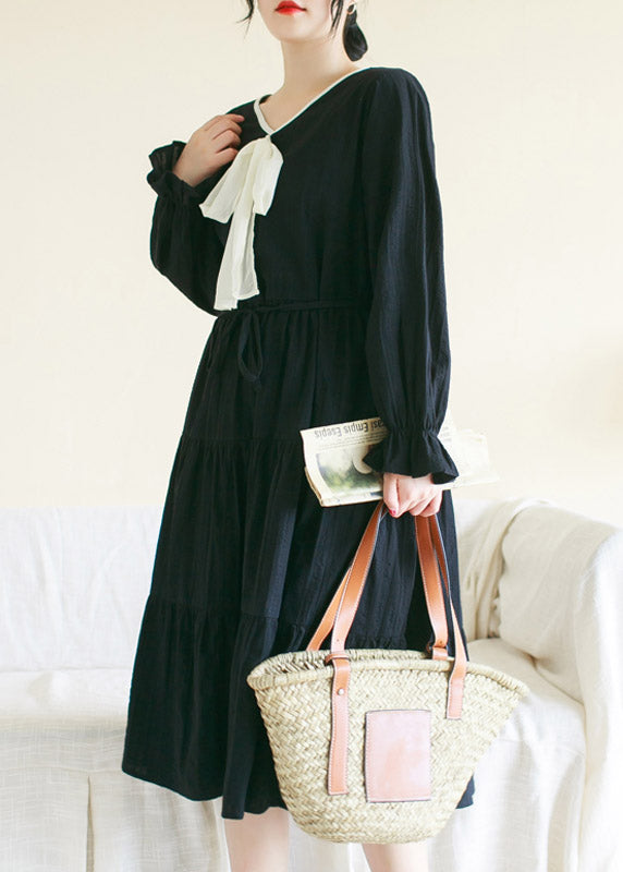 Black Wrinkled Solid Cotton Long Dress Long Sleeve TI1010 - fabuloryshop