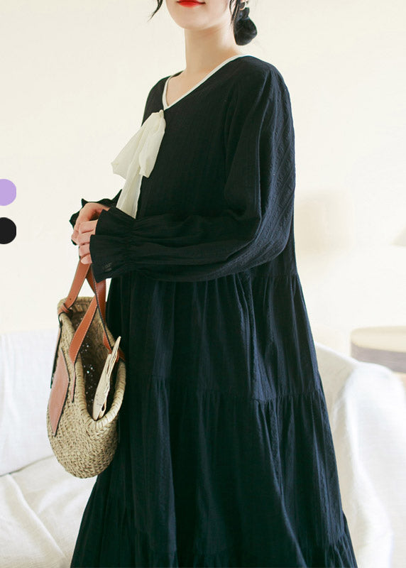 Black Wrinkled Solid Cotton Long Dress Long Sleeve TI1010