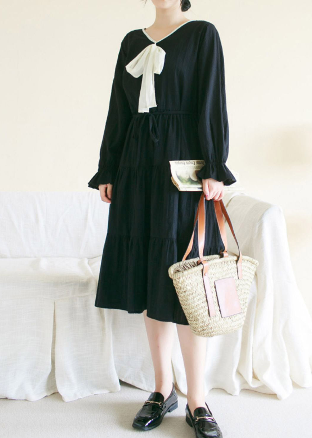 Black Wrinkled Solid Cotton Long Dress Long Sleeve TI1010 - fabuloryshop