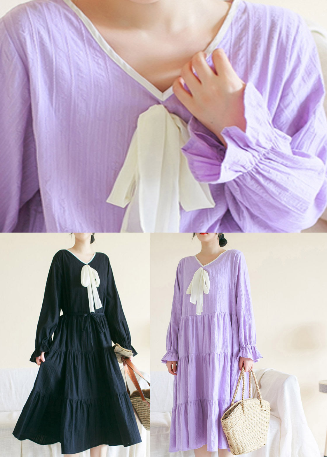 Black Wrinkled Solid Cotton Long Dress Long Sleeve TI1010