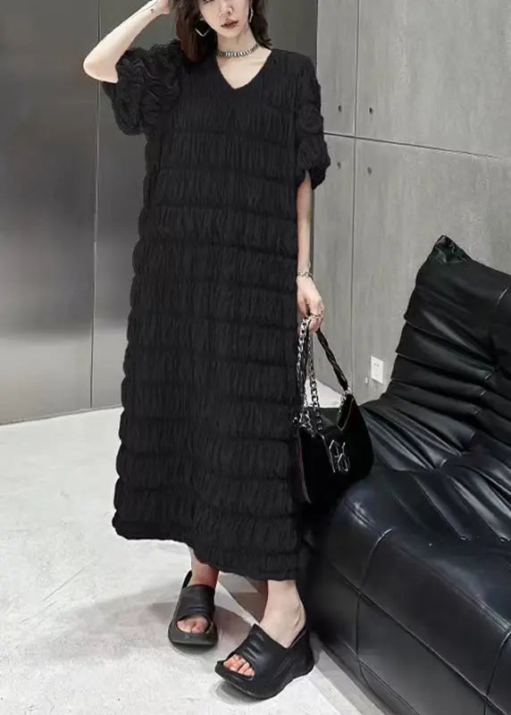 Black Wrinkled Vacation Chiffon Long Dresses Summer Ada Fashion