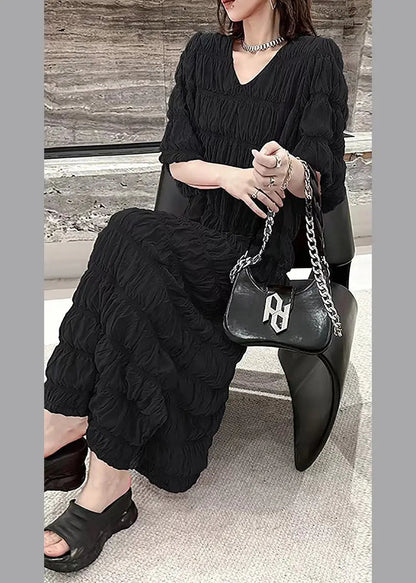 Black Wrinkled Vacation Chiffon Long Dresses Summer Ada Fashion