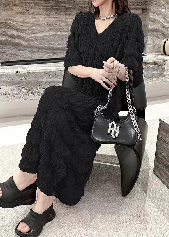 Black Wrinkled Vacation Chiffon Long Dresses Summer Ada Fashion