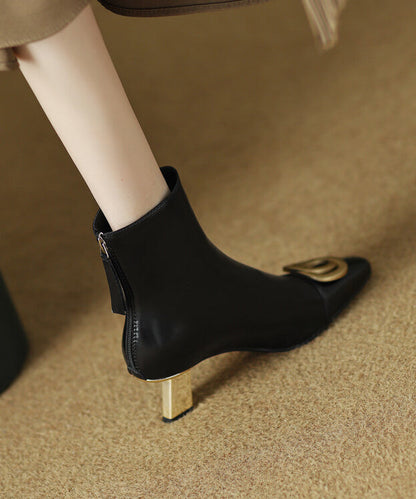 Black Zippered Classy Splicing Cowhide Leather High Heel Boots Ada Fashion