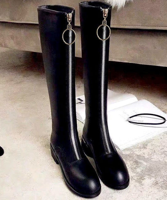 Black Zippered Cowhide Leather Boho Knee boots LY4392 - fabuloryshop