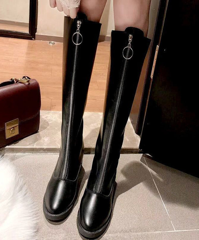 Black Zippered Cowhide Leather Boho Knee boots LY4392 - fabuloryshop