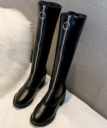 Black Zippered Cowhide Leather Boho Knee boots LY4392 - fabuloryshop