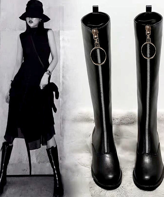 Black Zippered Cowhide Leather Boho Knee boots LY4392 - fabuloryshop