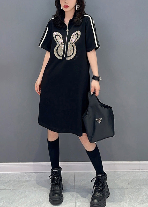 Black Zippered Rabbit Print Mid Dresses Short Sleeve LY6026 - fabuloryshop