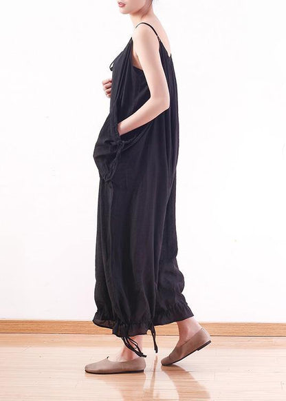 Black Loose Drawstring  Suspender Jumpsuit - fabuloryshop