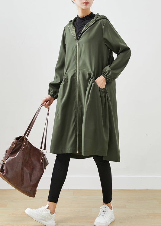 Blackish Green Cotton Coat Outwear Hooded Wrinkled Fall Ada Fashion