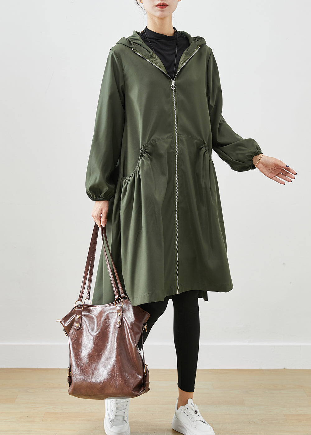 Blackish Green Cotton Coat Outwear Hooded Wrinkled Fall Ada Fashion