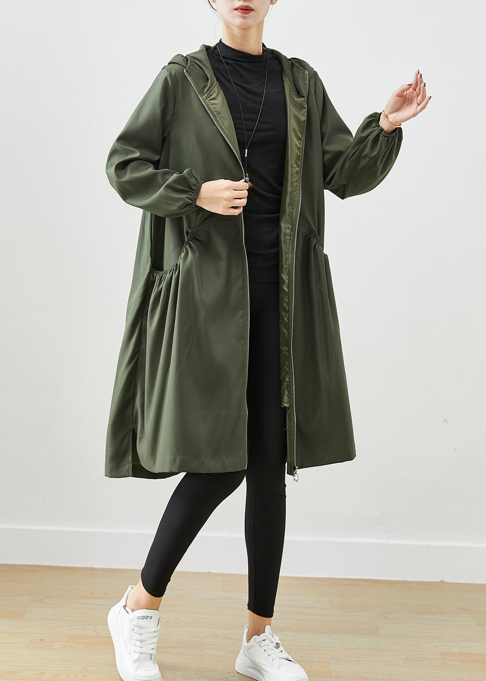 Blackish Green Cotton Coat Outwear Hooded Wrinkled Fall Ada Fashion