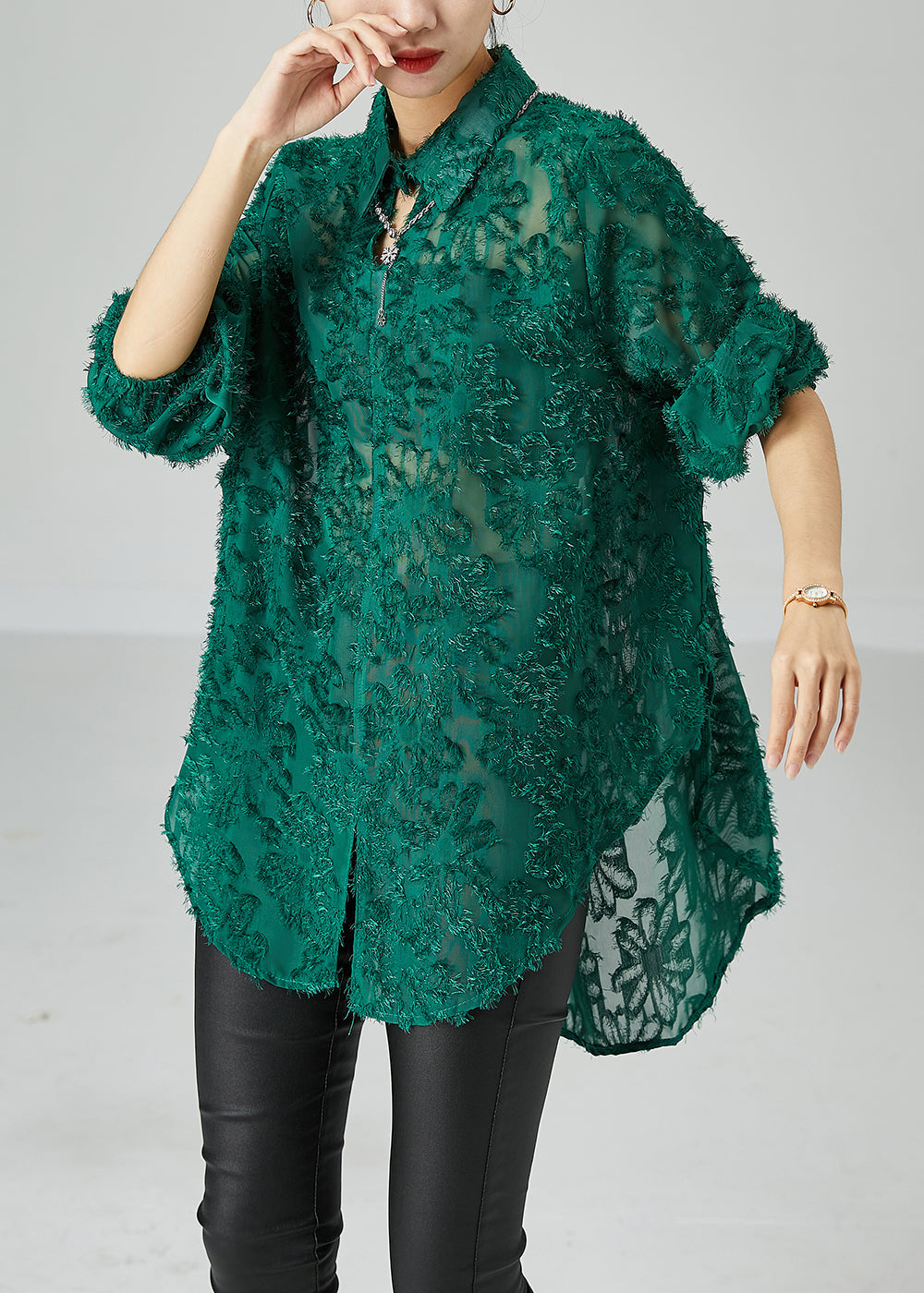 Blackish Green Loose Lace UPF 50+ Shirt Tops Fluffy Summer LY2460 - fabuloryshop