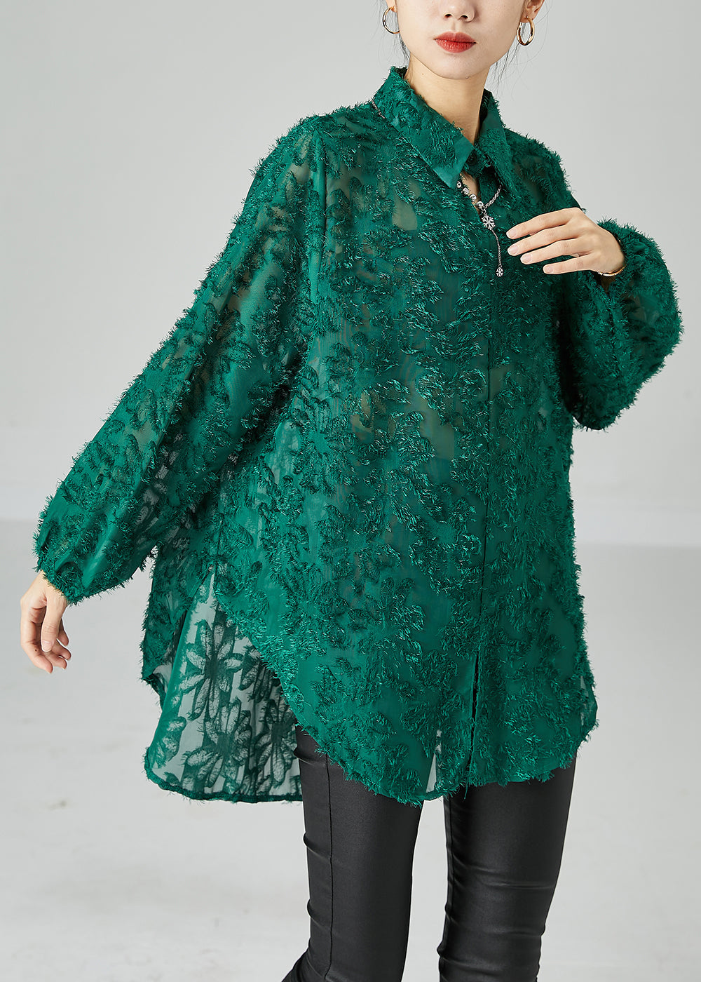 Blackish Green Loose Lace UPF 50+ Shirt Tops Fluffy Summer LY2460 - fabuloryshop