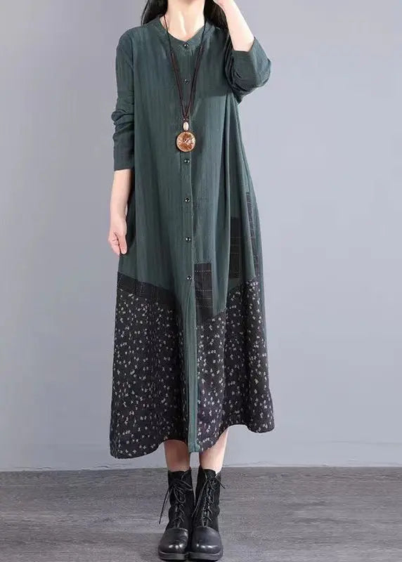 Blackish Green Patchwork Cotton Dress Stand Collar Button Fall Ada Fashion