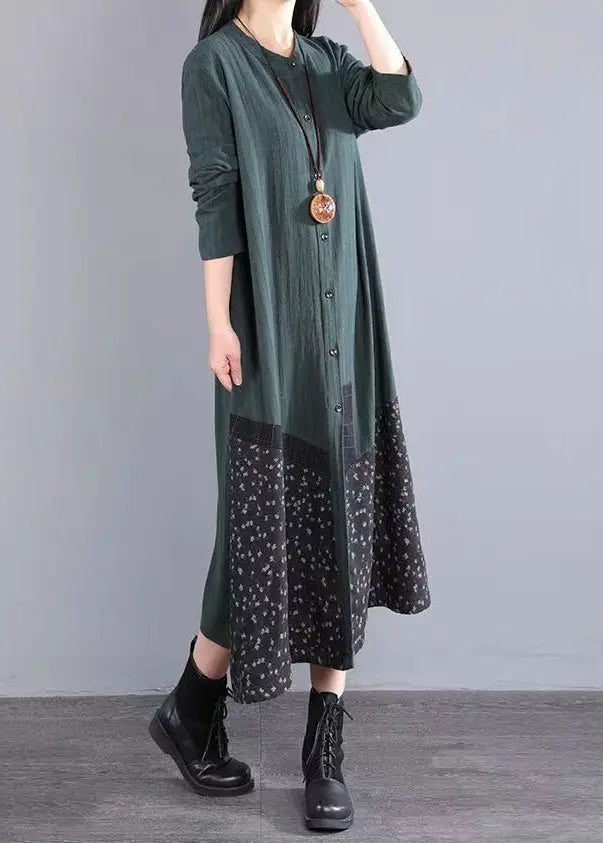 Blackish Green Patchwork Cotton Dress Stand Collar Button Fall Ada Fashion