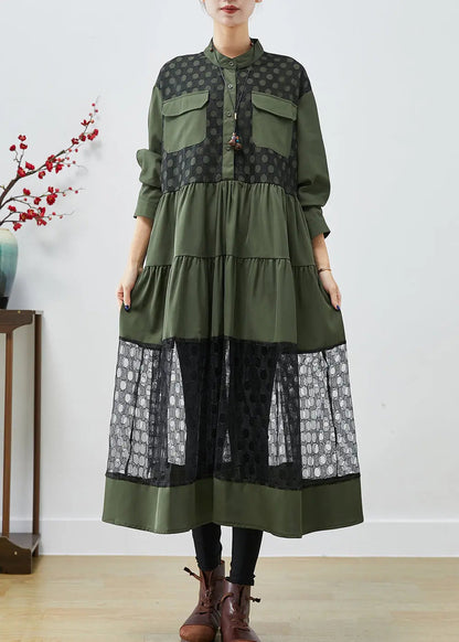 Blackish Green Patchwork Cotton Shirt Dress Hollow Out Fall Ada Fashion