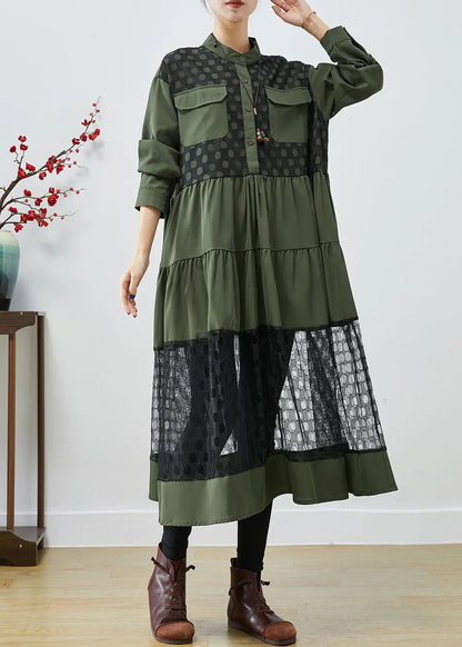 Blackish Green Patchwork Cotton Shirt Dress Hollow Out Fall Ada Fashion