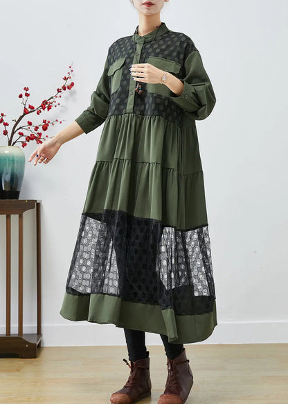 Blackish Green Patchwork Cotton Shirt Dress Hollow Out Fall Ada Fashion