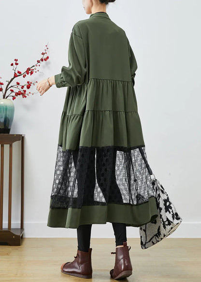 Blackish Green Patchwork Cotton Shirt Dress Hollow Out Fall Ada Fashion