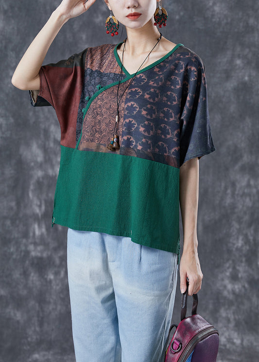 Blackish Green Patchwork Linen Blouses Oversized Print Summer LY4119 - fabuloryshop