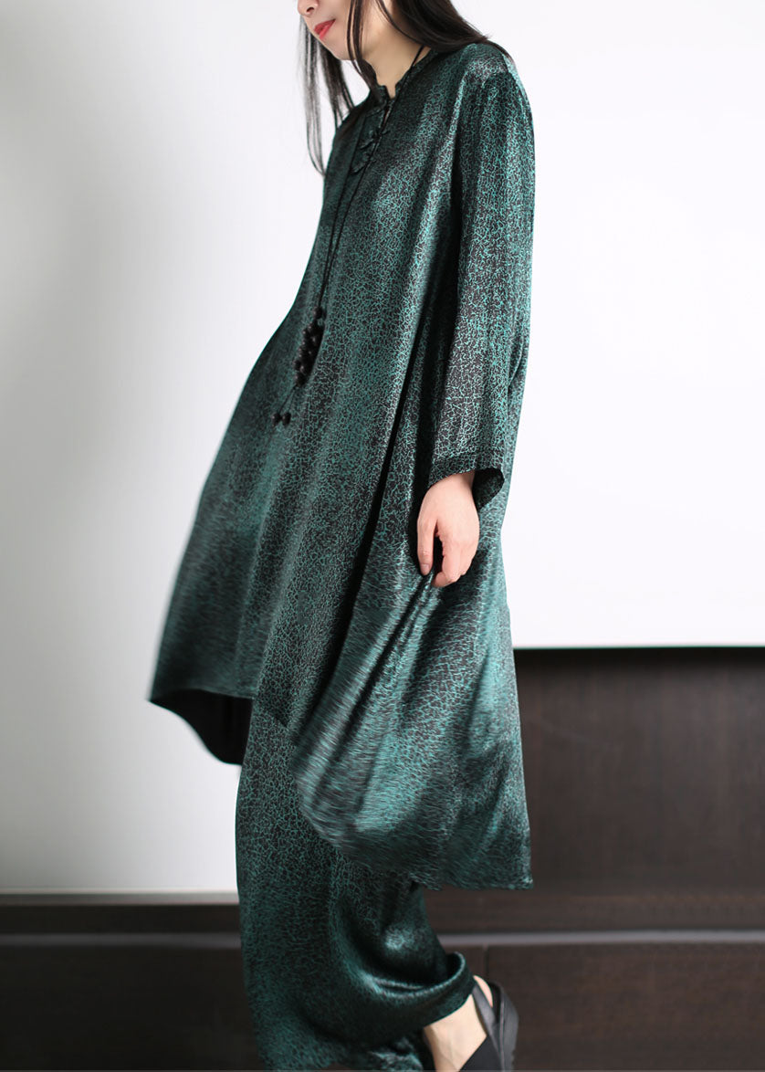 Blackish Green Patchwork Tops And Pants Silk Two Pieces Set Long Sleeve LY5179 - fabuloryshop