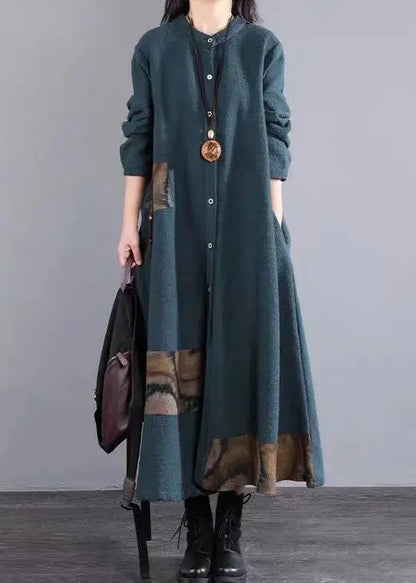 Blackish Green Pockets Patchwork Cotton Dress Stand Collar Fall Ada Fashion