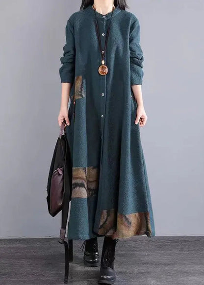 Blackish Green Pockets Patchwork Cotton Dress Stand Collar Fall Ada Fashion