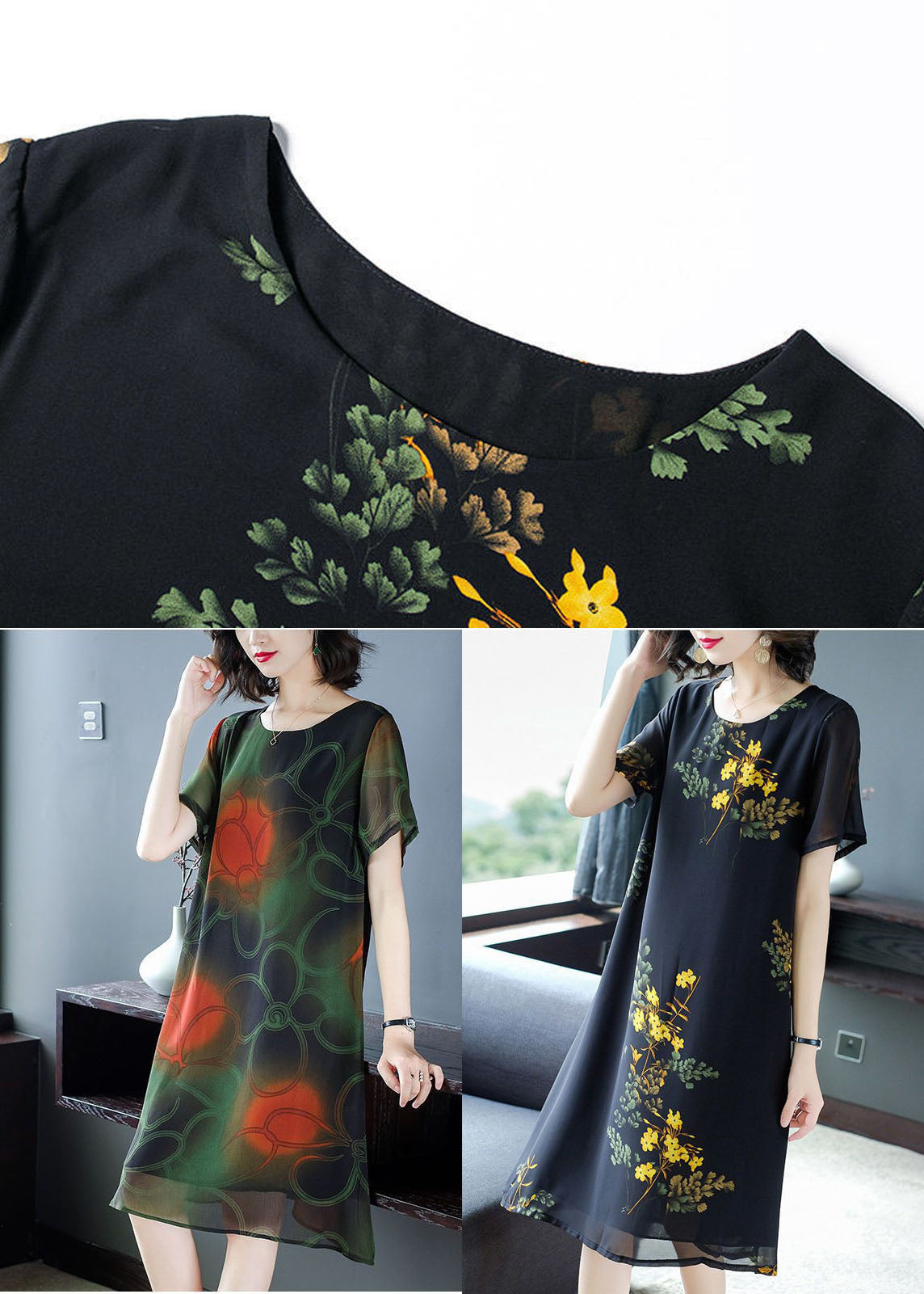 Blackish Green Print Chiffon Long Dress Oversized Summer TH1030 - fabuloryshop