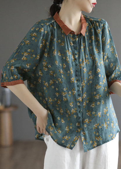 Blackish Green Print Linen Shirts Oversized Button Half Sleeve TG1002 - fabuloryshop