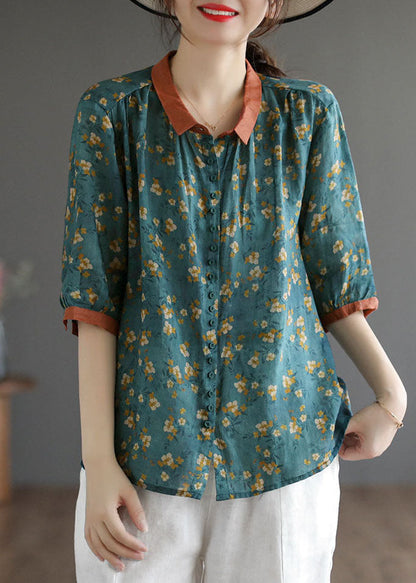 Blackish Green Print Linen Shirts Oversized Button Half Sleeve TG1002 - fabuloryshop