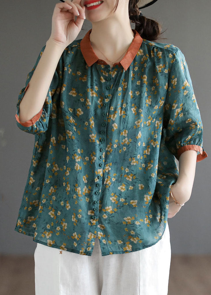 Blackish Green Print Linen Shirts Oversized Button Half Sleeve TG1002 - fabuloryshop