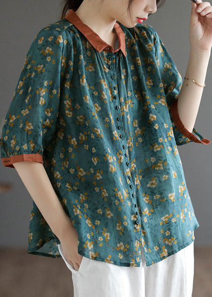 Blackish Green Print Linen Shirts Oversized Button Half Sleeve TG1002 - fabuloryshop