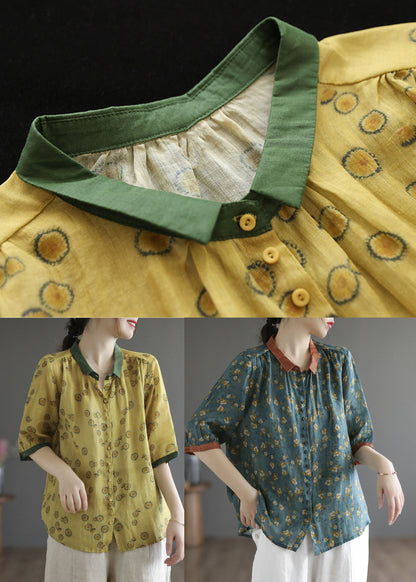 Blackish Green Print Linen Shirts Oversized Button Half Sleeve TG1002 - fabuloryshop