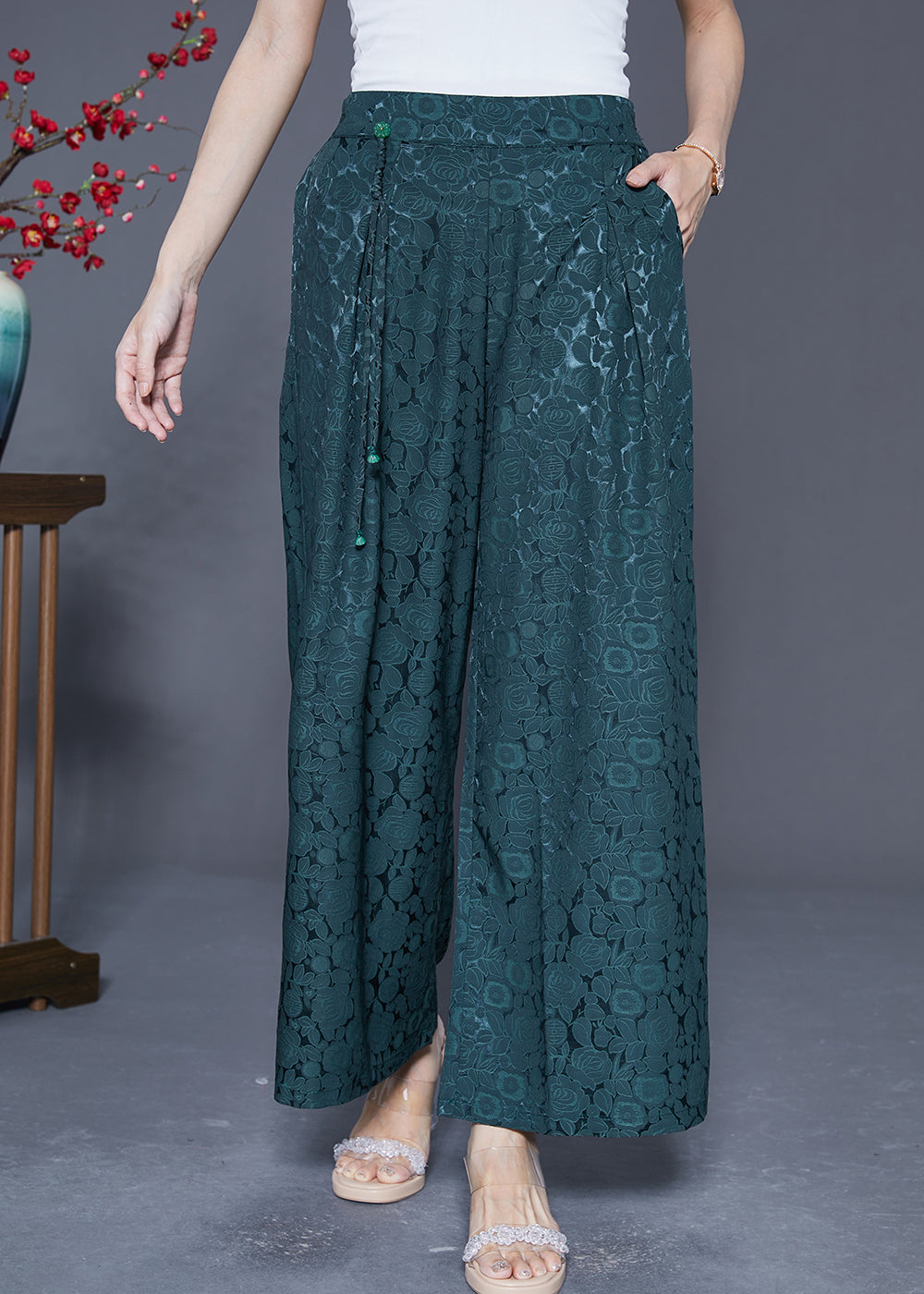 Blackish Green Silk Straight Pants High Waist Tassel Summer LY5415 - fabuloryshop